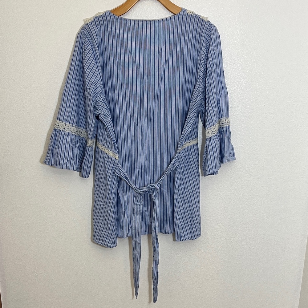 Denim 24/7 Blue Cotton Plus Size Striped Cream Lace-Trim Peasant Top - Picture 9 of 11